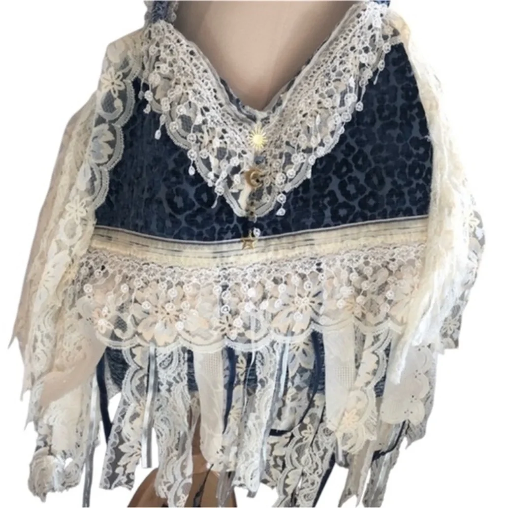 Bohemian Blue Animal Print Cross body Bag w/white lace,ribbon & blue aventurine